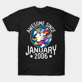 Happy Birthday 15 Years Old To Me Dad Mom Son Daughter Unicorn Surfing Awesome Since January 2006 T-Shirt